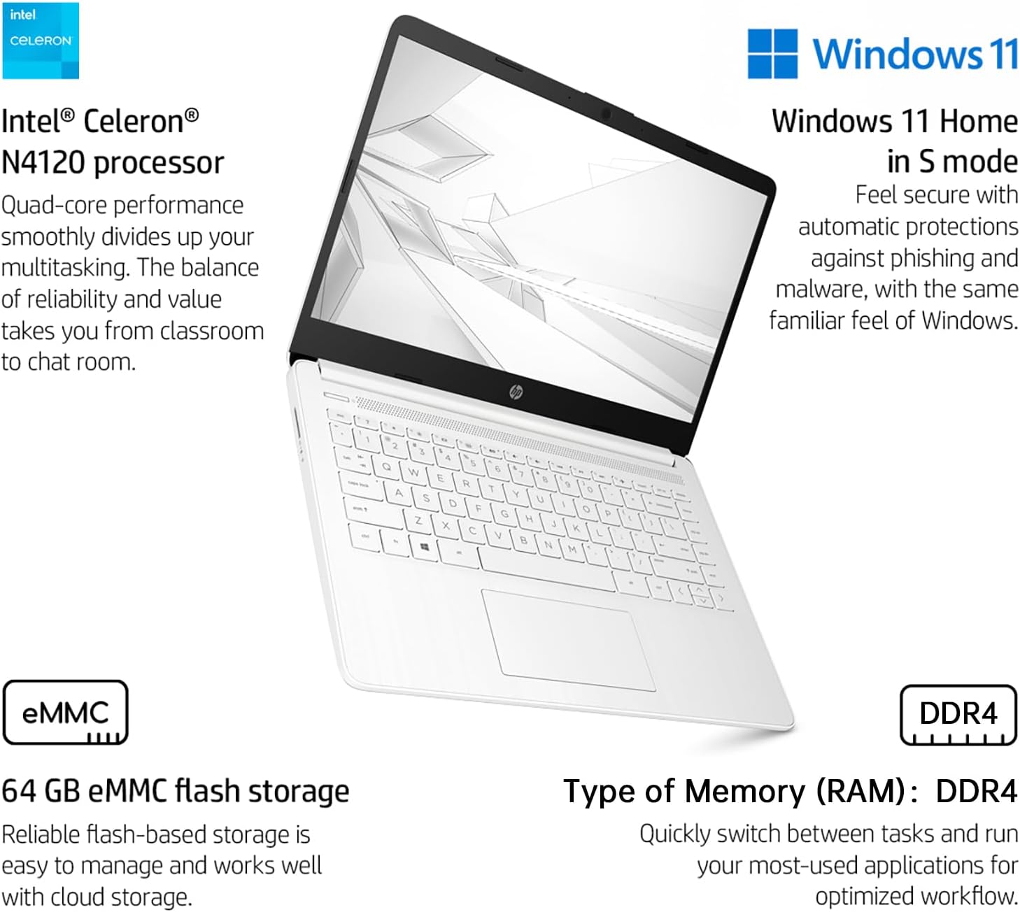 HP 14' HD Student Business Laptop, Intel Quad-Core N4120, 8GB RAM, 320GB Storage, (64GB eMMC+256GB SD Card), 1 Year Office 365, Slim Design, Webcam, HDMI, Bluetooth, WiFi, Win 11 S, White
