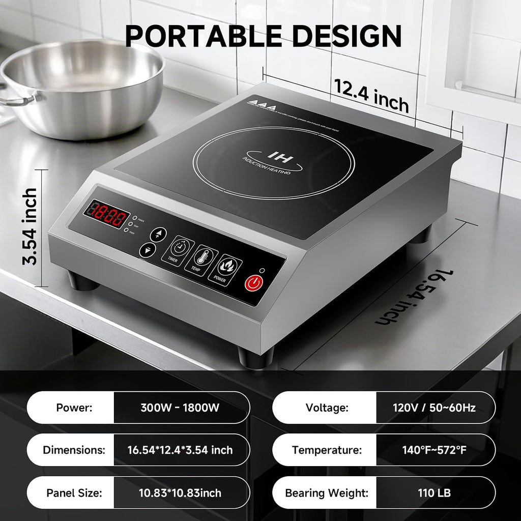 Induction Cooktop Commercial 1800W, Portable Countertop Burner with 8' Fast Heating Coil, 11 Temp/Power Levels, 24H Timer Stainless Steel Electric Stove for for RV Home Kitchen