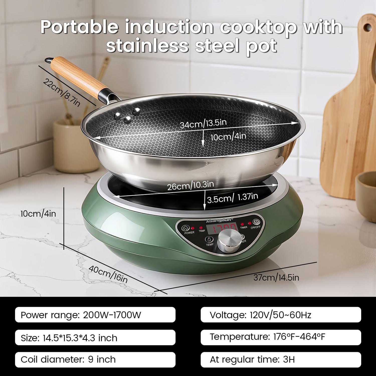 1700W 120V Concave Induction Wok Cooktop with Stainless Steel Wok, Non-Pulse Continuous Heating, 16 Power Levels, Portable Countertop Burner for Round-Bottom Woks & Stir-Fry Cooking