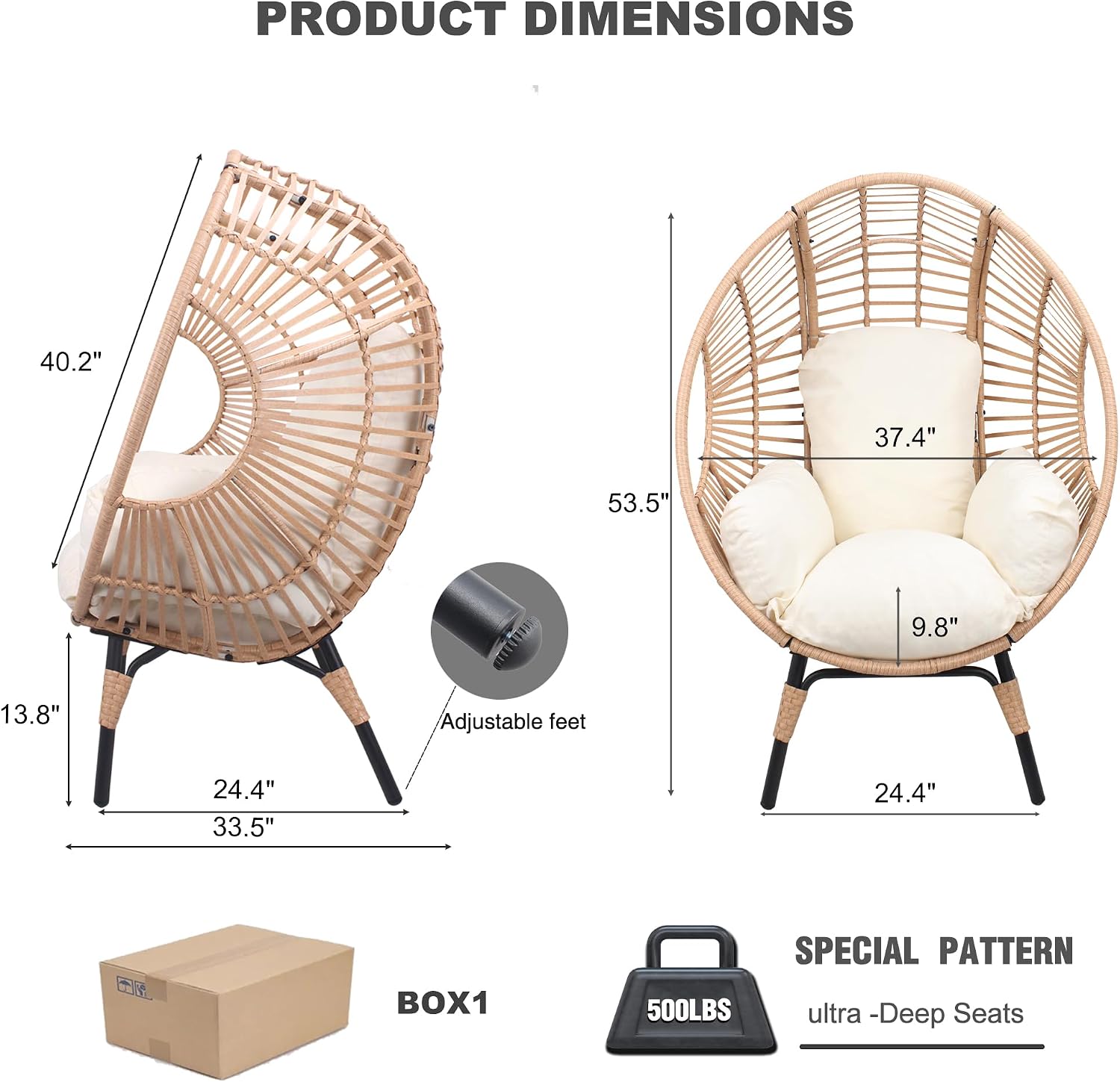 Oversized Wicker Egg-Chair Outdoor Indoor Rattan Patio Egg Lounge Chairs with Cushion 500lbs Capacity for Living Room, Balcony, Backyard(Beige)