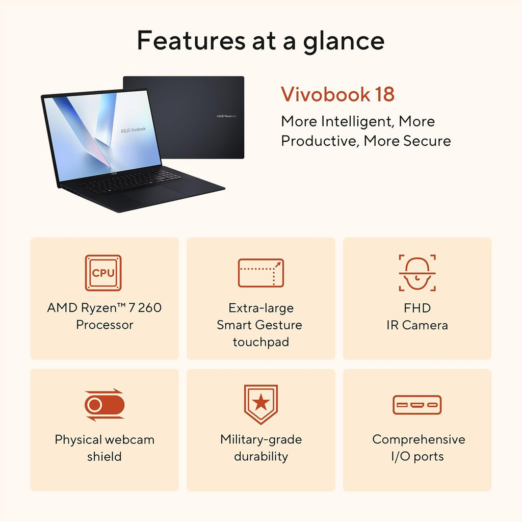 ASUS Vivobook 18 Laptop, 18' WUXGA 144Hz Display, AMD Ryzen 7 260 with XDNA NPU, AMD Radeon Graphics, 32GB RAM, 1TB SSD, Quiet Blue, M1807HA-DB79