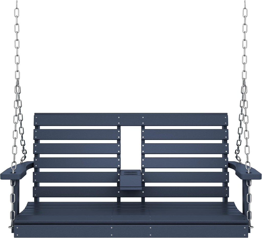 KINGYES Outdoor Hanging Porch Swing, 2 Seat Patio Swing Chair with Cup Holders, Waterproof Swing Chair Bench for Courtyard & Garden, 660LBS Weight Capacity, Blue