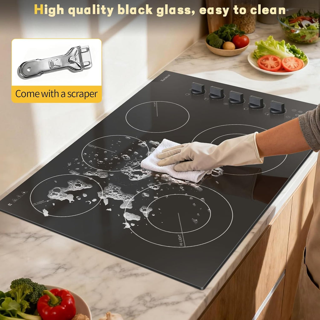 Karinear 30 inch Electric Cooktop, 8600W 5 Burner Radiant Electric Stove Top, Knob & Touch Control with 9 Power Levels, Expandable Zone, Timer, Child Safety Lock, 240V Hardwired