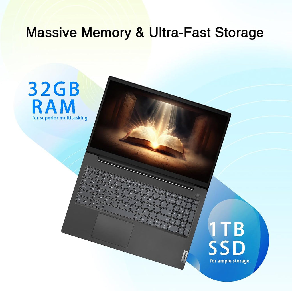 Lenovo V15 Business Laptop | Intel 4-core Processor | Intel UHD Graphics | 15.6' FHD (1920 x 1080) | 32GB RAM | 1TB SSD | Ethernet RJ-45 | Military Durability | Windows 11 Pro