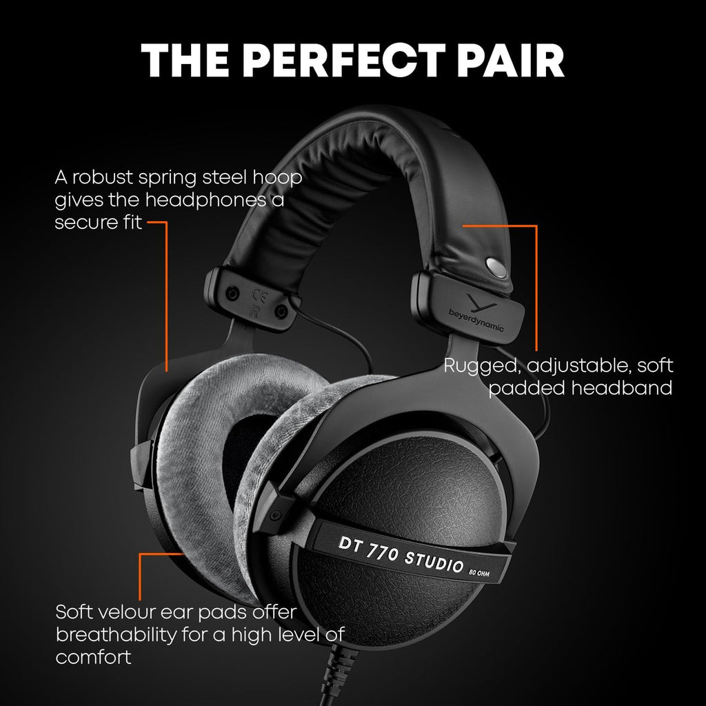 beyerdynamic DT 770 Studio, 80 Ohm, Closed Back, Over Ear, Wired Professional Studio Headphones, Home Recording, Podcast, Monitor, 3m Straight Cable, Black with Gray Velour Ear Pads