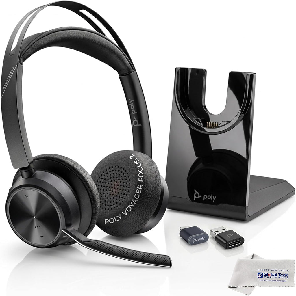 Poly Plantronics Voyager Focus 2 UC Bluetooth Stereo Headset with Charging Stand, USB-C/A Adapters, Connects to Teams, Zoom and All Leading UC Platforms, Pairs to Both Laptop and Cellphone, GTW Cloth
