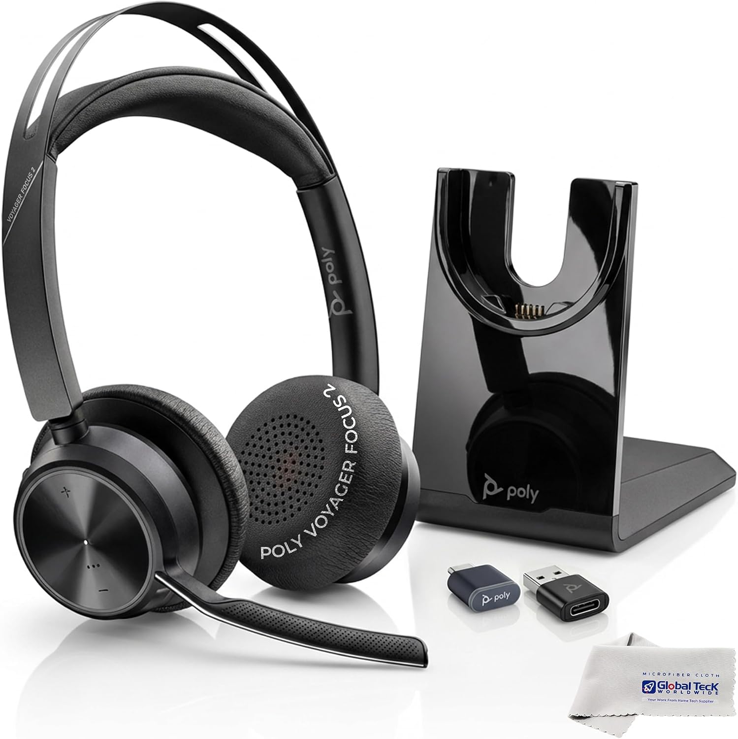 Poly Plantronics Voyager Focus 2 UC Bluetooth Stereo Headset with Charging Stand, USB-C/A Adapters, Connects to Teams, Zoom and All Leading UC Platforms, Pairs to Both Laptop and Cellphone, GTW Cloth