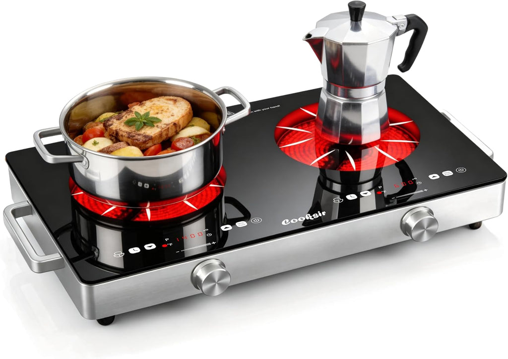 2 Burner Electric Cooktop - 24 Inch(22.2'x 13.1') Portable Electric Stove Top 110V, 2000W Countertop Two Burner Stove, Child Lock, Timer, Touch and Knob Control, 110V Plug in