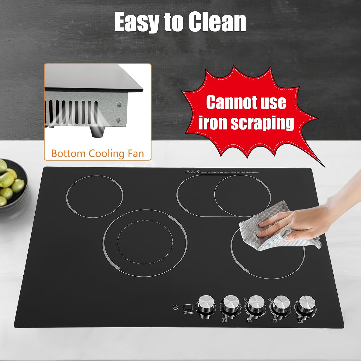 4-Burner Cooktop 110V Electric Stove Top with Independent Knob Child Lock 4 Power Levels Ceramic Cooktop for Kitchens, No Plug (30Inch)