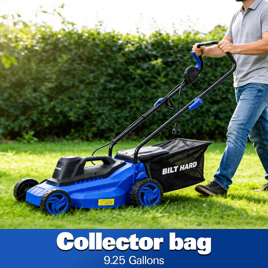 BILT HARD Corded Electric Lawn Mower 15 Inch, 11Amp Electric Push Mower with 9.2 Gallon Collection Bag, 5 Height Adjustment, Lightweight Lawnmower for Garden, Yard