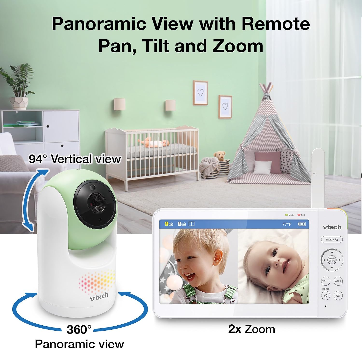 VTech 2-Cameras Video Baby Monitor with 7' Color LCD Screen, Rechargeable Battery, Video and Audio Streaming, Pan-Tilt-Zoom, Touch Multi-Color Night Light, Two-Way Talk: Advanced Max Twin (Green)