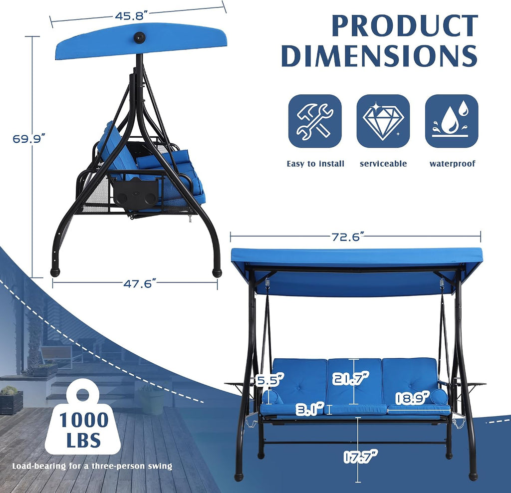 Grepatio 3-Seat Outdoor Porch Swing with Adjustable Canopy, 3 Person Convertible Porch Swing Bed with Stand, Heavy Duty Patio Swing with Cup Holder and Pillows, Cushion for Garden, Poolside (Blue)