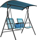 Outsunny 2-Seat Patio Swing Chair, Outdoor Canopy Swing Glider with Pivot Storage Table, Cup Holder, Adjustable Shade, Bungie Seat Suspension and Weather Resistant Steel Frame, Blue