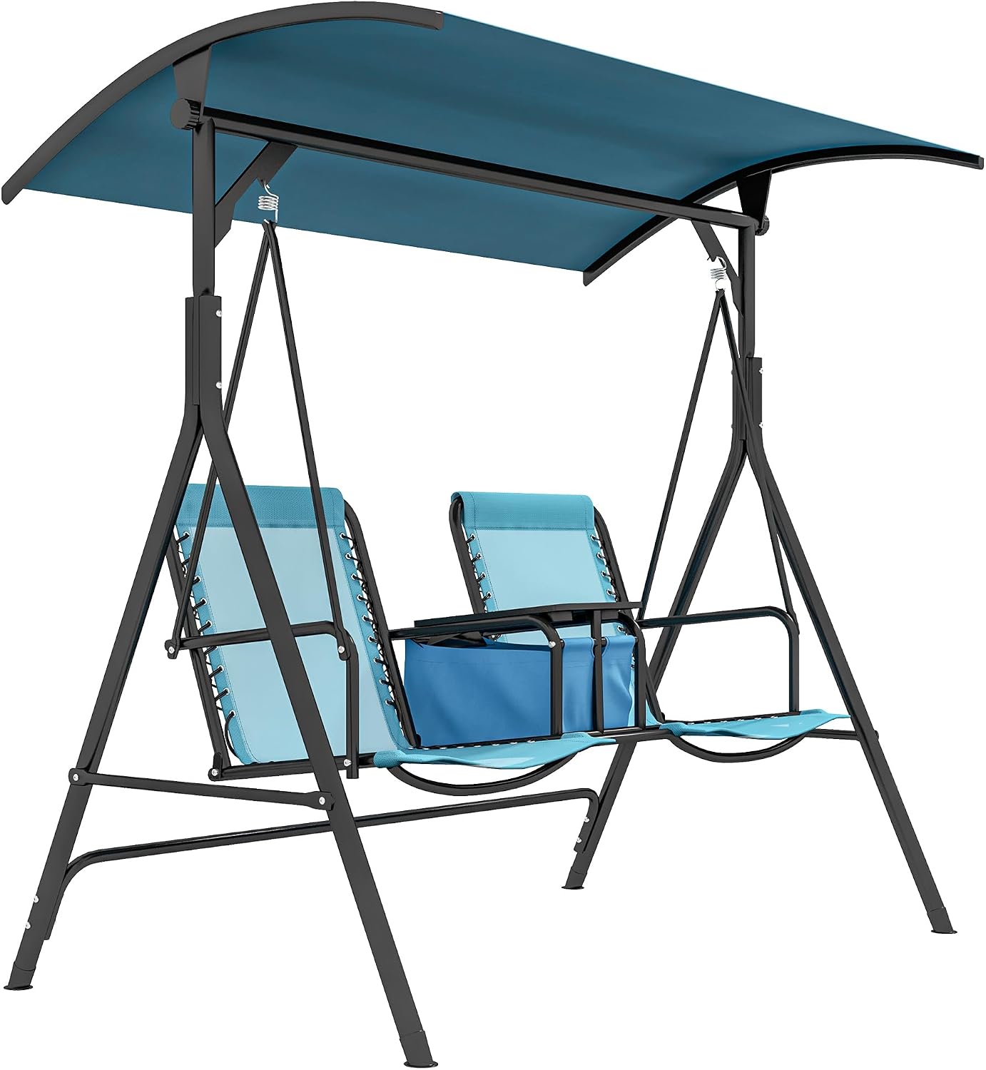 Outsunny 2-Seat Patio Swing Chair, Outdoor Canopy Swing Glider with Pivot Storage Table, Cup Holder, Adjustable Shade, Bungie Seat Suspension and Weather Resistant Steel Frame, Blue