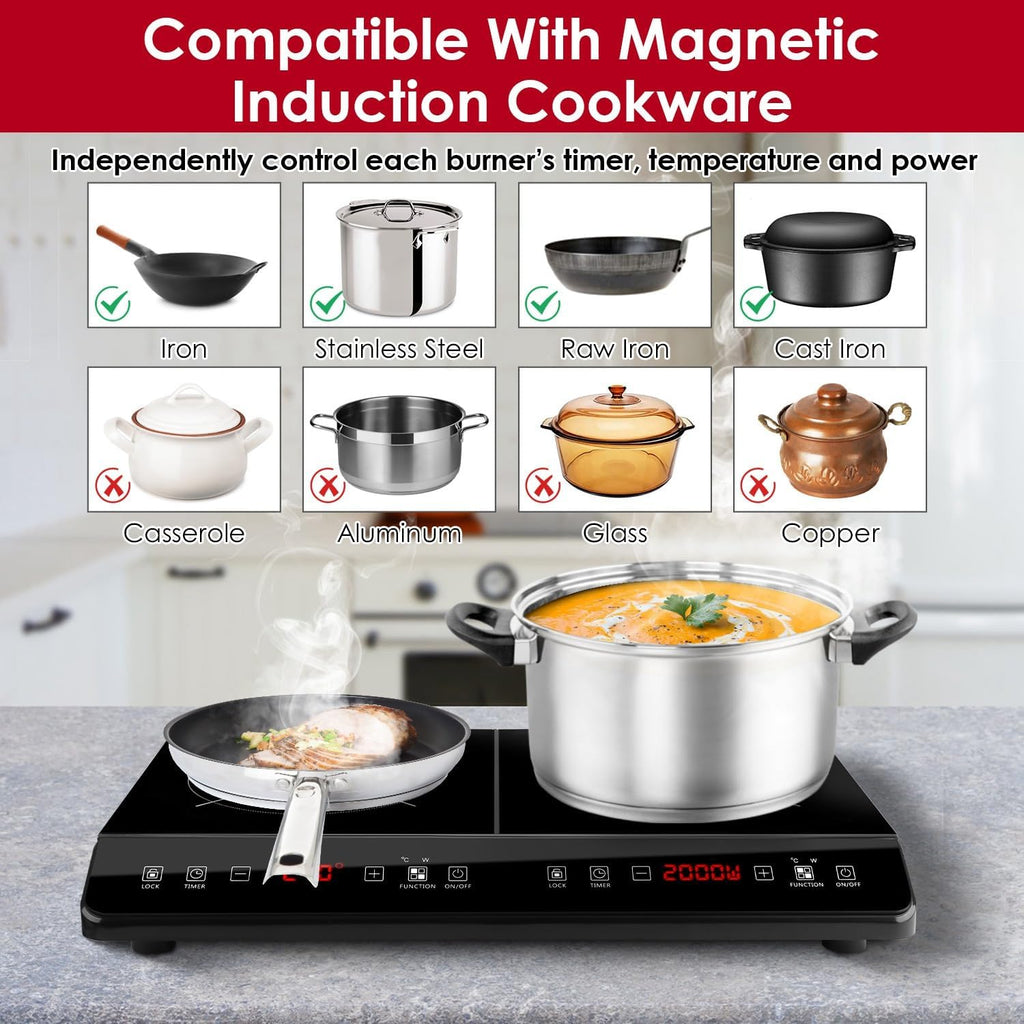 Double Induction Cooktop, 4000W Portable Induction Cooker with 2 Burner Independent Control, Electric Stove with 9 Level Temperature Control, 3 Hour Timer, Safety Lock