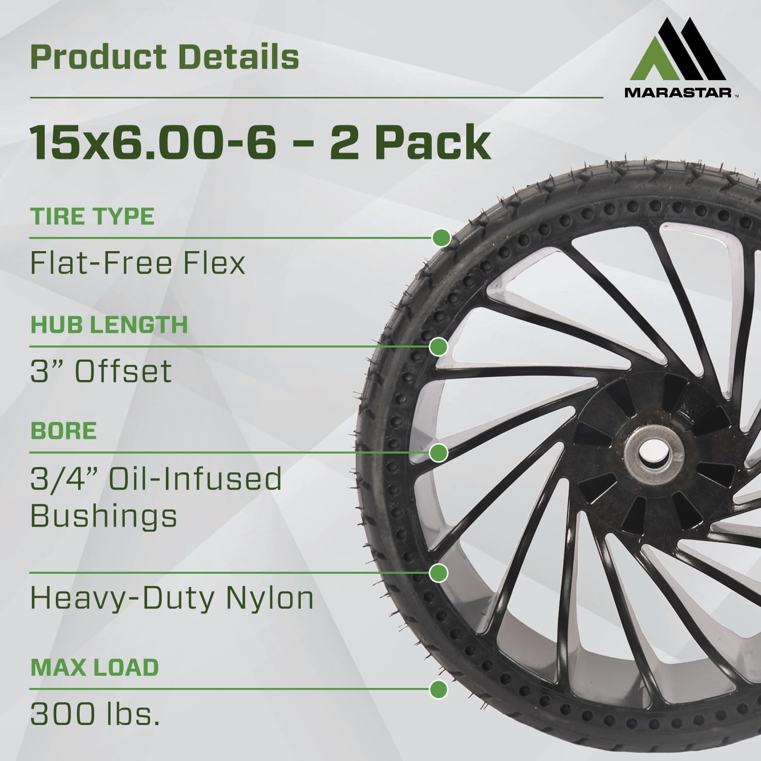 MARASTAR 31426-2PK 15x6.00-6 Tire and Wheel Assembly, Flat-Free Flex Tire, Replacement Riding Lawn Mower Front Tires, 2 pack