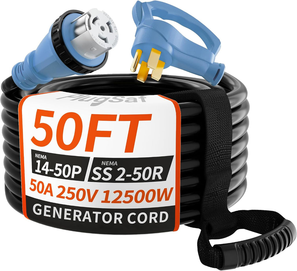 PlugSaf 50 Amp Generator Cord, 50FT 50 Amp RV Extension Cord with Twist Lock, Generator Cable 50A 4 Prong Blue, NEMA 14-50P/SS2-50R Heavy Duty STW Wire for RV Camper & House