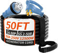 PlugSaf 50 Amp Generator Cord, 50FT 50 Amp RV Extension Cord with Twist Lock, Generator Cable 50A 4 Prong Blue, NEMA 14-50P/SS2-50R Heavy Duty STW Wire for RV Camper & House