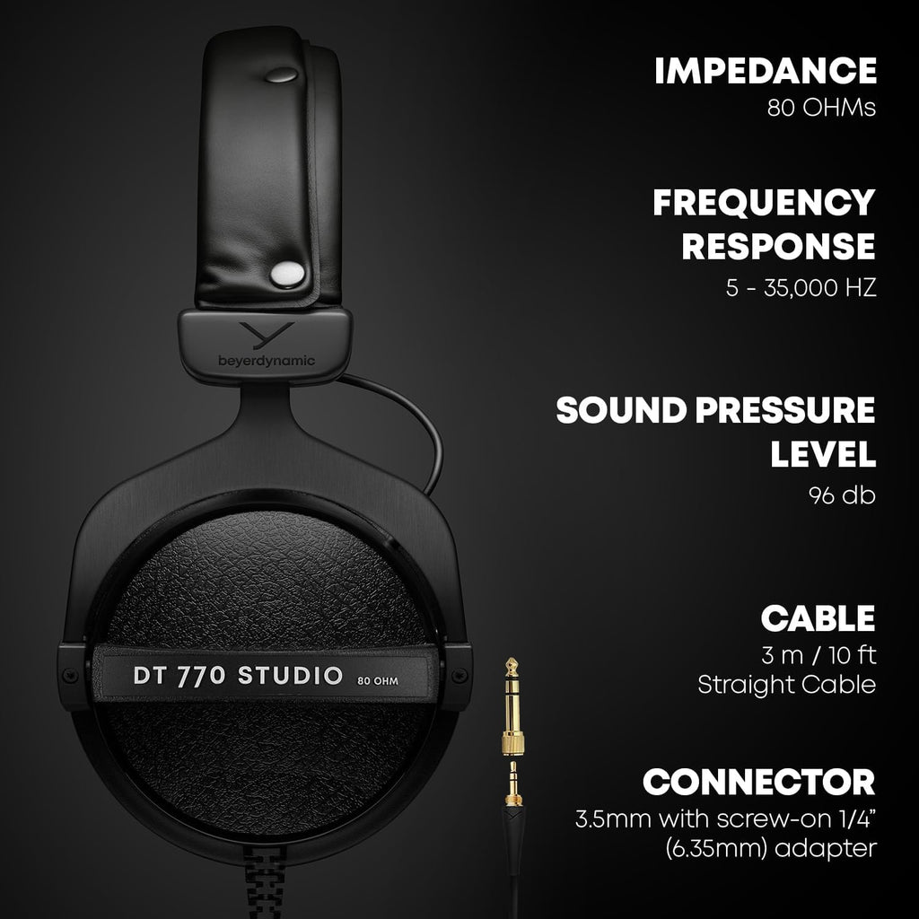 beyerdynamic DT 770 Studio, 80 Ohm, Closed Back, Over Ear, Wired Professional Studio Headphones, Home Recording, Podcast, Monitor, 3m Straight Cable, Black with Gray Velour Ear Pads