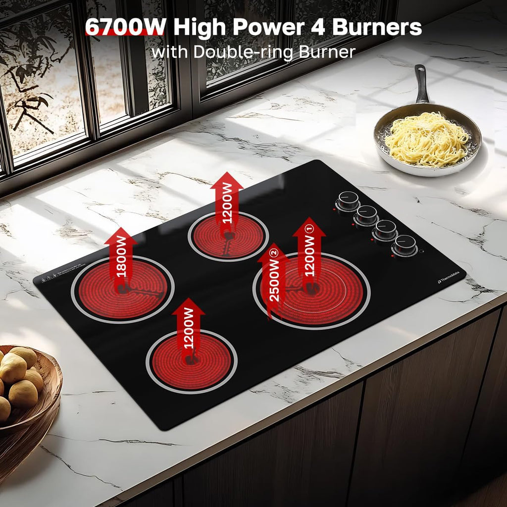 ThermoMate 30 Inch Electric Cooktop, 4 Burners Knob Control Built-in Ceramic Cooktop, 30' Radiant Electric Stove Top of 6700W with 9 Heat Levels, Hot Surface Indicator, 220-240v, Hard Wired