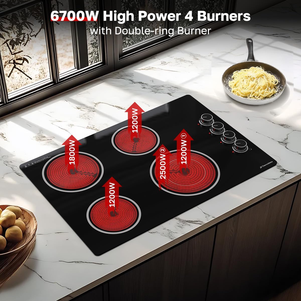 ThermoMate 30 Inch Electric Cooktop, 4 Burners Knob Control Built-in Ceramic Cooktop, 30' Radiant Electric Stove Top of 6700W with 9 Heat Levels, Hot Surface Indicator, 220-240v, Hard Wired