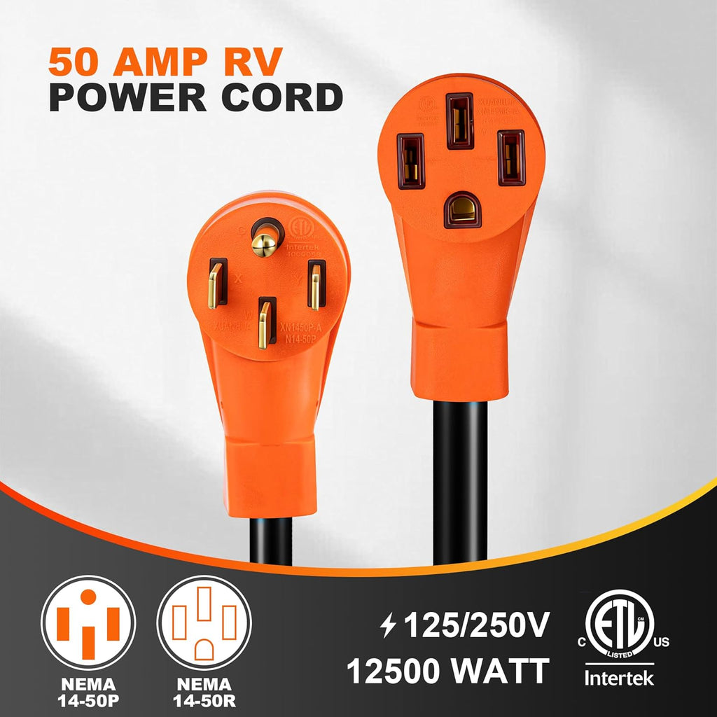 30FT 50 Amp RV Extension Cord Outdoor with Grip Handle, 125/250V, 12500W, 4 Prong, Heavy Duty 6/3+8/1 Gauge STW, NEMA 14-50P to 14-50R with Cord Organizer, UL&ETL Listed
