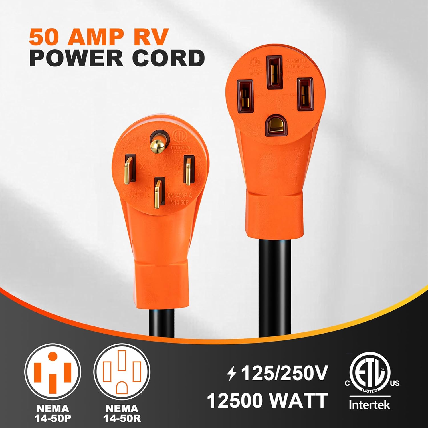30FT 50 Amp RV Extension Cord Outdoor with Grip Handle, 125/250V, 12500W, 4 Prong, Heavy Duty 6/3+8/1 Gauge STW, NEMA 14-50P to 14-50R with Cord Organizer, UL&ETL Listed