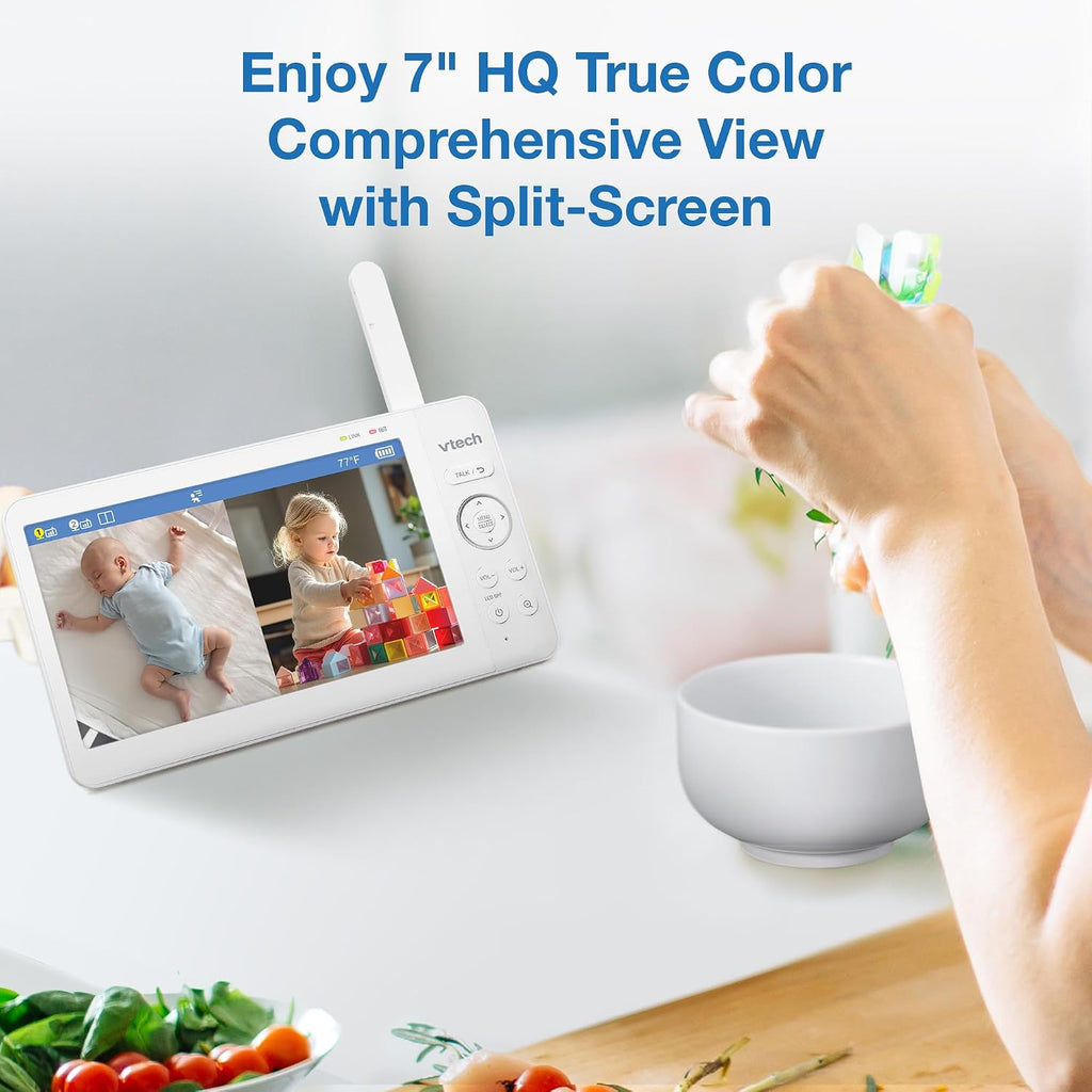 VTech Advanced HQ Max Twin 7' Digital Video 2-Cameras Baby Monitor with Pan Tilt Zoom, Long Battery Life 5000mAh, IPS Screen, Adaptive Multi-Color Night Light, 2-Way Talk, HQ Display, No WiFi, White