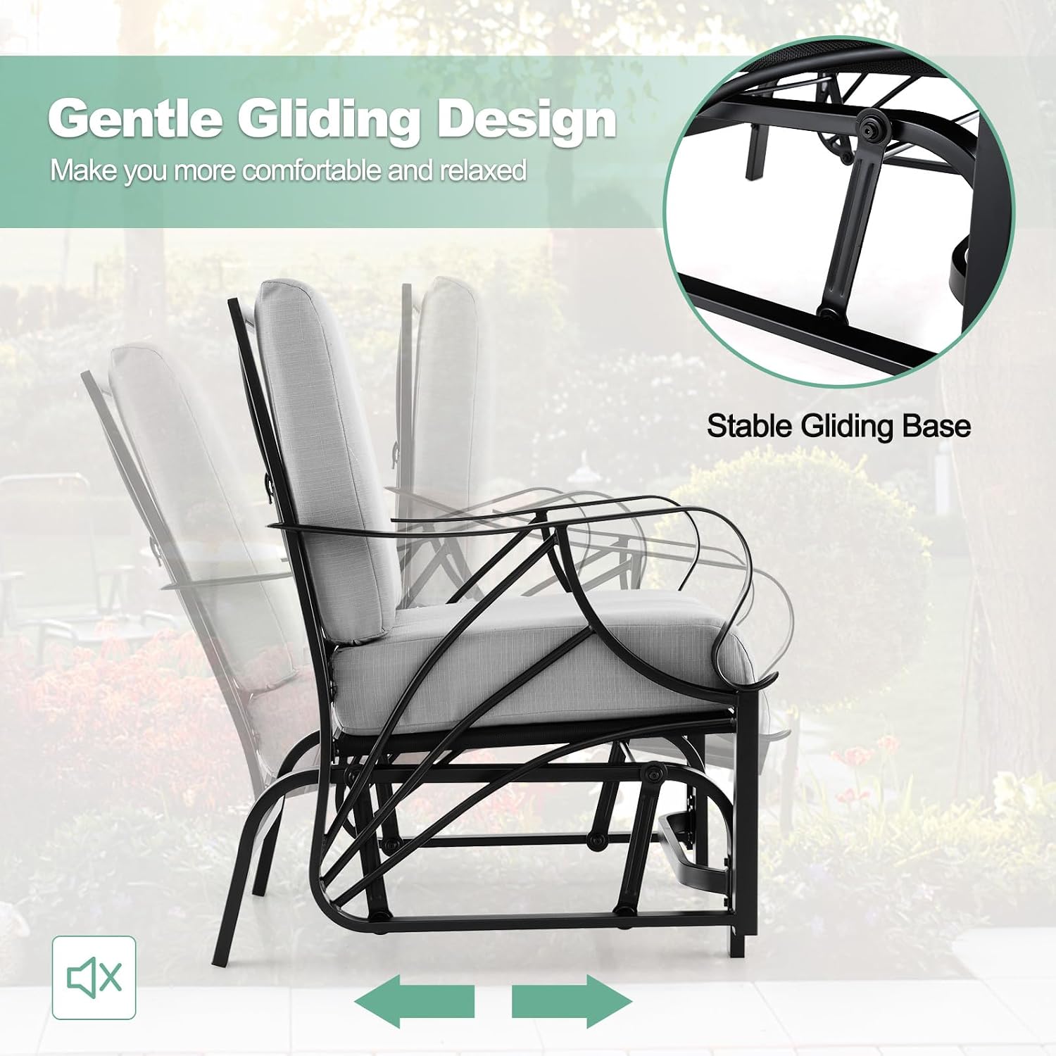 Tangkula Outdoor Patio Glider, Metal Framed Gliding Chair with Cushion, Ergonomic Single-Person Outdoor Patio Chair with Curved Armrest, Smooth Rocking Arms for Porch, Patio (1)