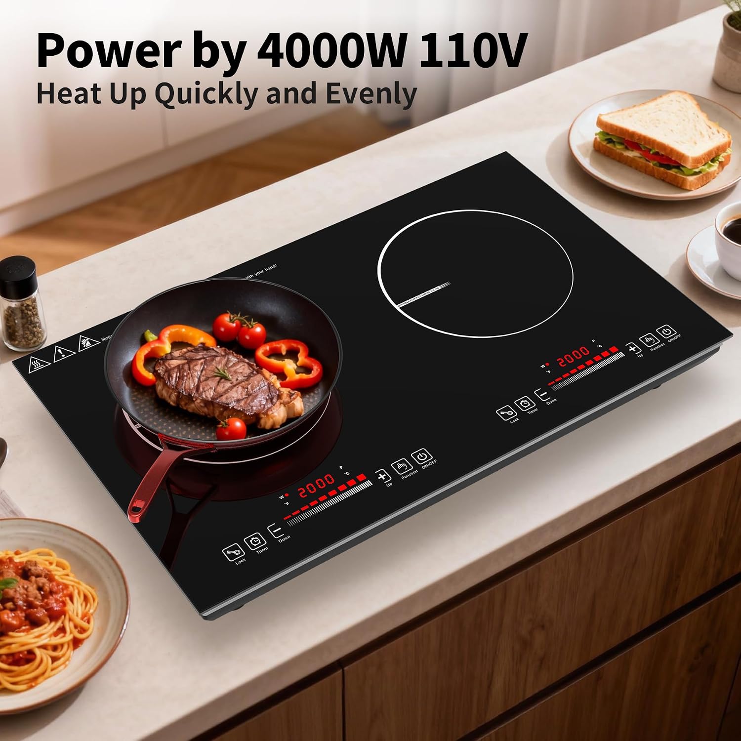 VBGK 2 burner Induction Hop,3600W Electric hob 2 burner with Knob Control,9 Power Levels, Kids Lock & Timer,LED touch control,double induction hop