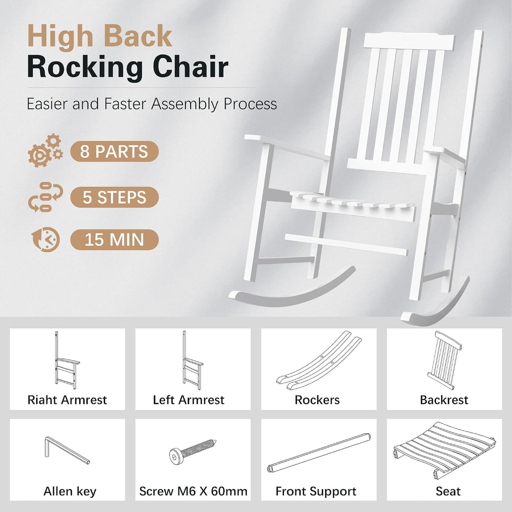 Greesum Outdoor Rocking Chair, Acacia High Back Oversized All-Weather Lounge Rocker with 320 lbs of Support for Patio, Garden, Deck, Porch,White