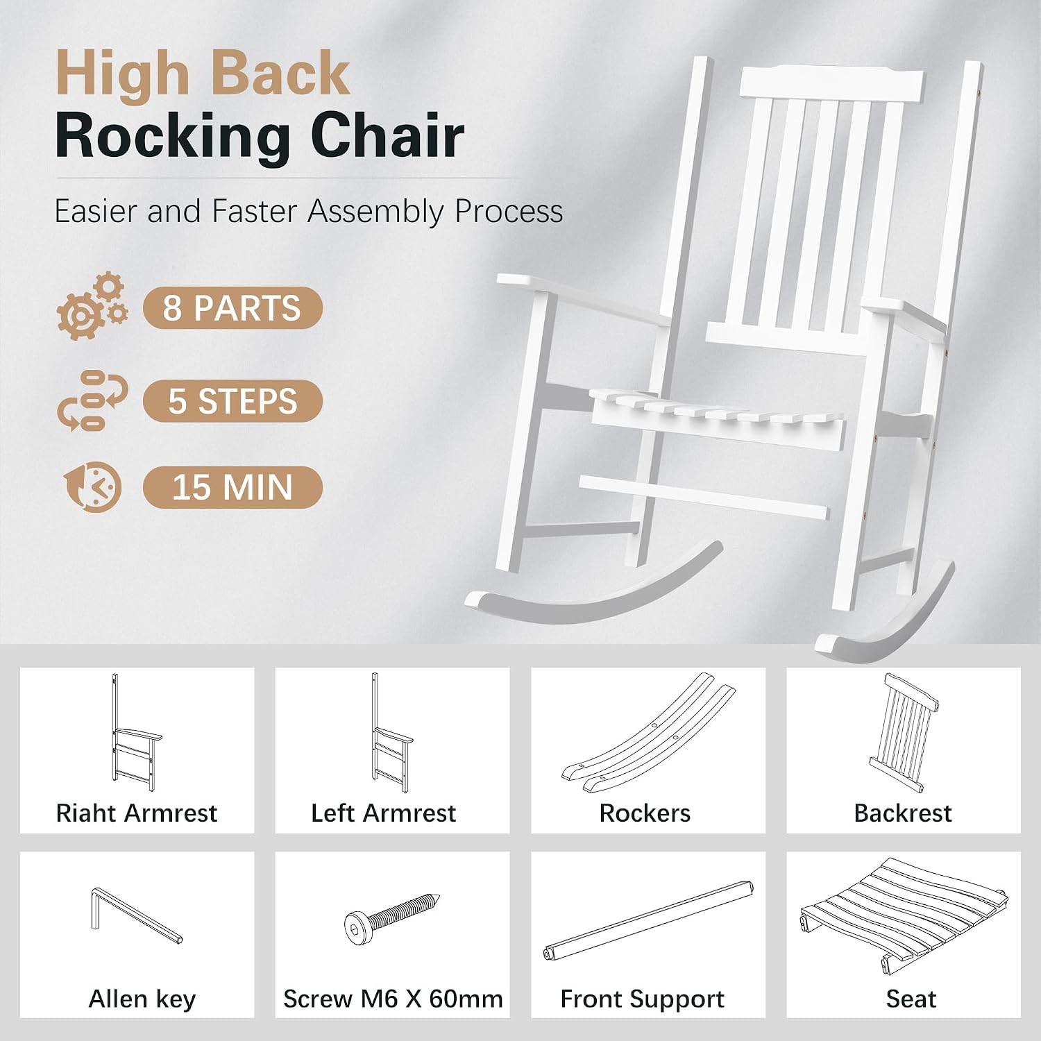 Greesum Outdoor Rocking Chair, Acacia High Back Oversized All-Weather Lounge Rocker with 320 lbs of Support for Patio, Garden, Deck, Porch,White