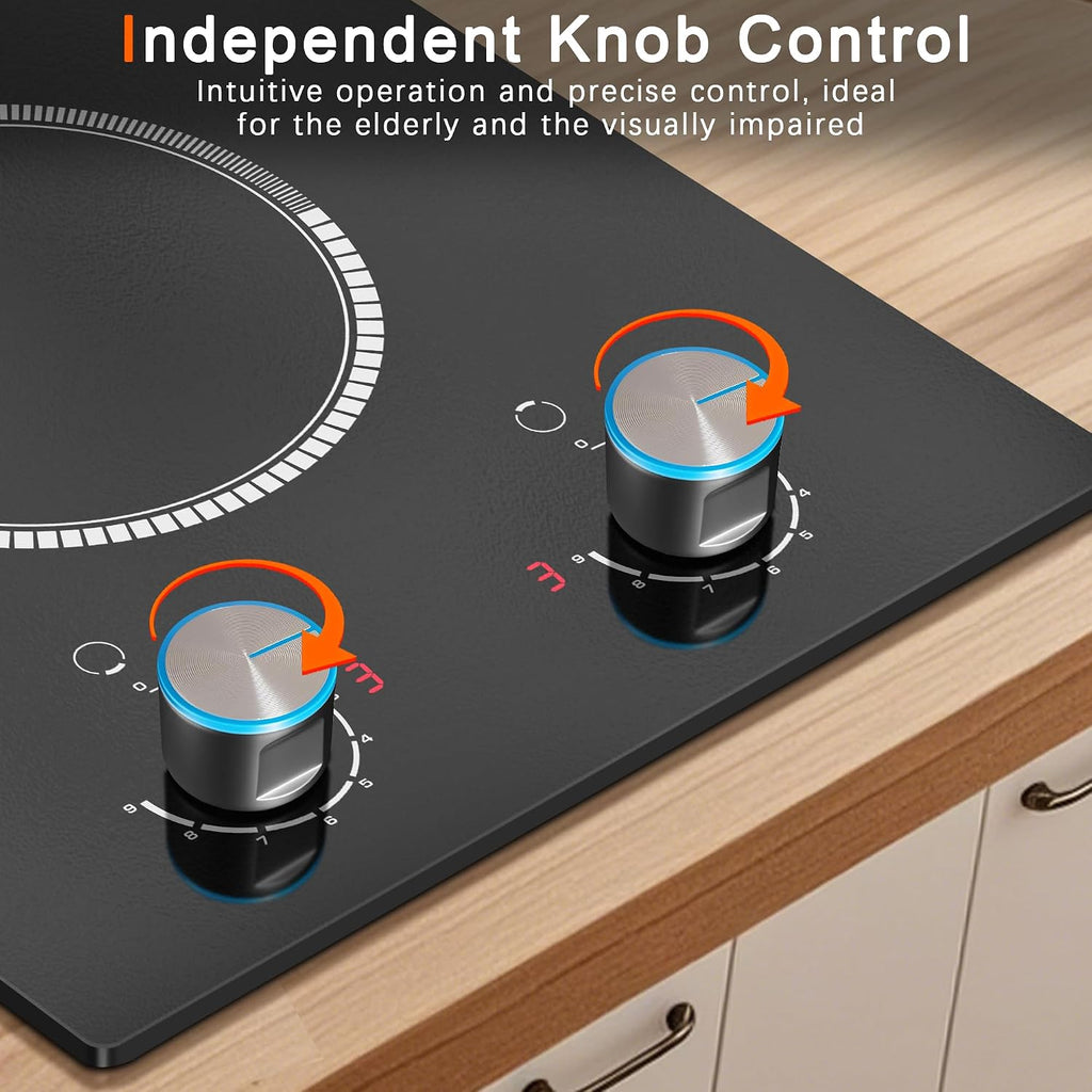 2 Burner Electric Cooktop 120V, 12 Inch Stove Top Burner 2000W, Double Burner Electric Stove with Knob Control, 9-Level Heat, Overheat Protection, High-Temp Alarm, 120V UL Plug