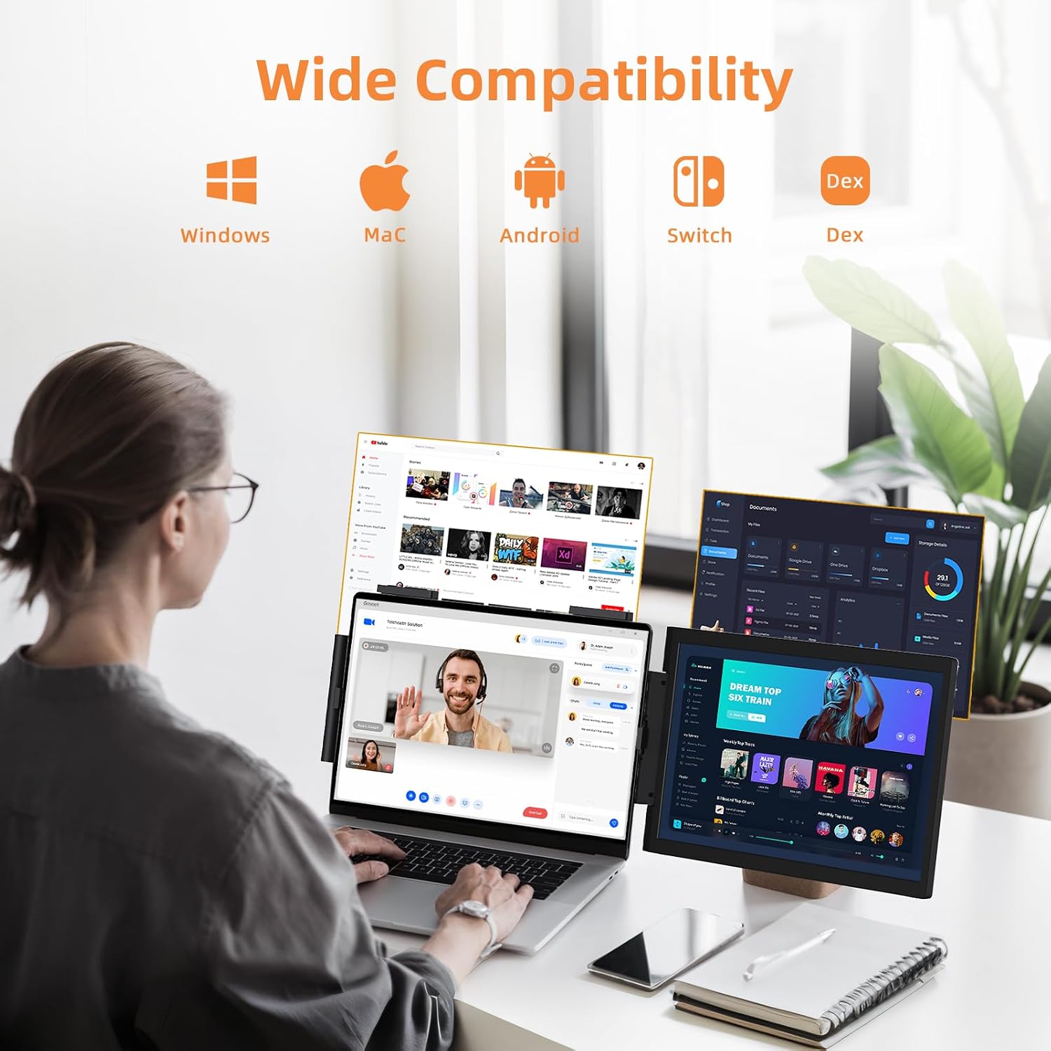 Laptop Screen Extender, 14' FHD IPS 1080P Portable Monitor for Laptop Mini HDMI/Type-C PC Display Extender Fits 14'-16.5' Laptops,Plug & Play for Windows/Mac/Android/Switch/PS5