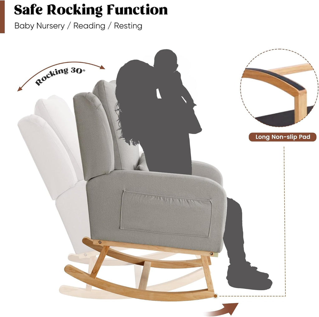 HCHAIRH Rocking Chair Nursery, Upholstered Fabric Nursing Rocking Chairs with Lumbar Pillow, Modern Nursery Glider Rocker Morden Accent Rocking Chair for Mom Nursery, Living Room, Bedroom, Grey