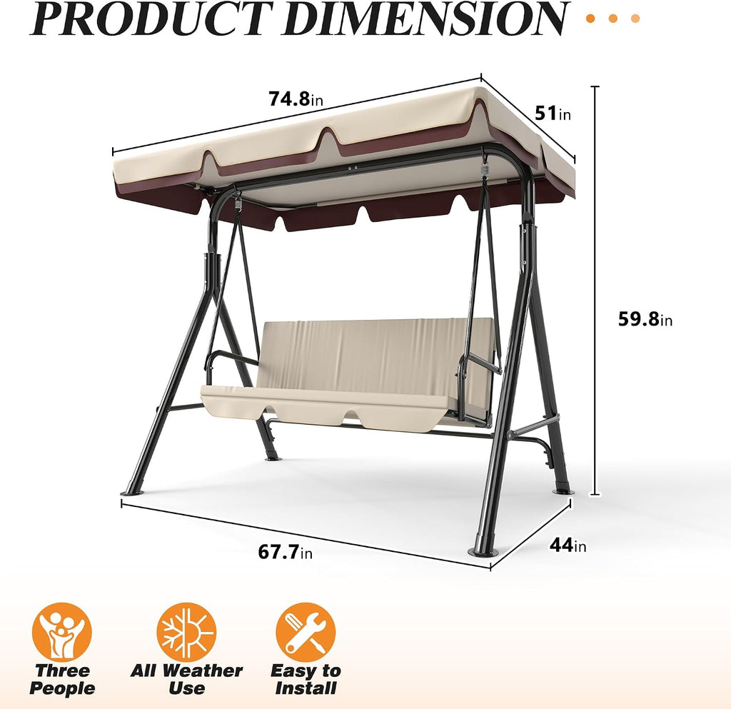 GARTOO 3-Seat Patio Swing Chair, Outdoor Porch Swing with Adjustable Canopy and Durable Steel Frame for Patio, Garden, Poolside (Beige)