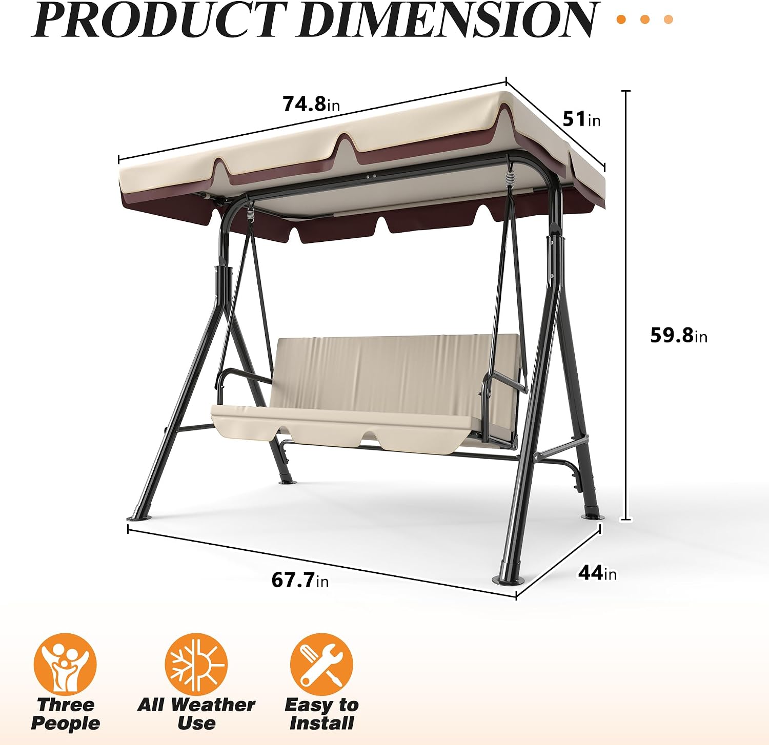 GARTOO 3-Seat Patio Swing Chair, Outdoor Porch Swing with Adjustable Canopy and Durable Steel Frame for Patio, Garden, Poolside (Beige)