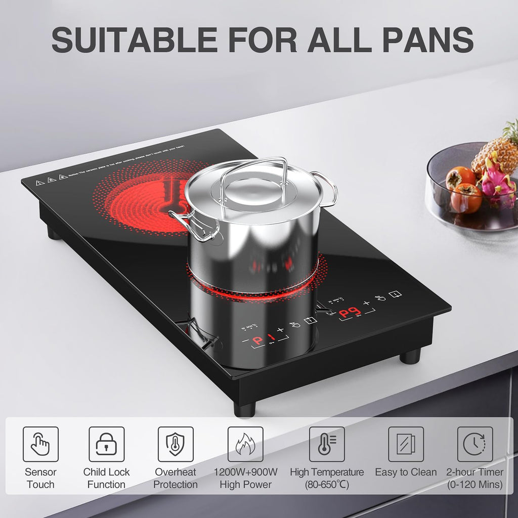 ANHANE 12' Electric Induction Cooktop - 2 Burner 110V Stove Top - Infrared Heating, Built-in Double Burner Cooktop with 20 Temperature Settings, Compatible with All Cookware