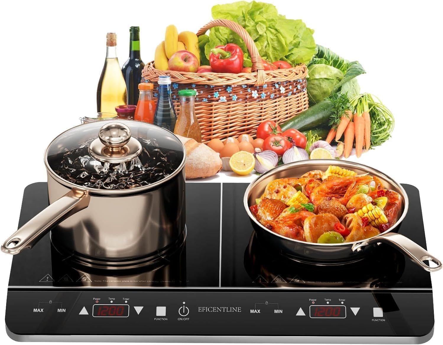 Double Induction Cooktop, 1800W Powerful Induction Burners with 2 Large 8' Heating Coils, 2 Burner Portable Cooktop with 9 Power Settings, 180 Mins Timer & Child Safety Lock, Black