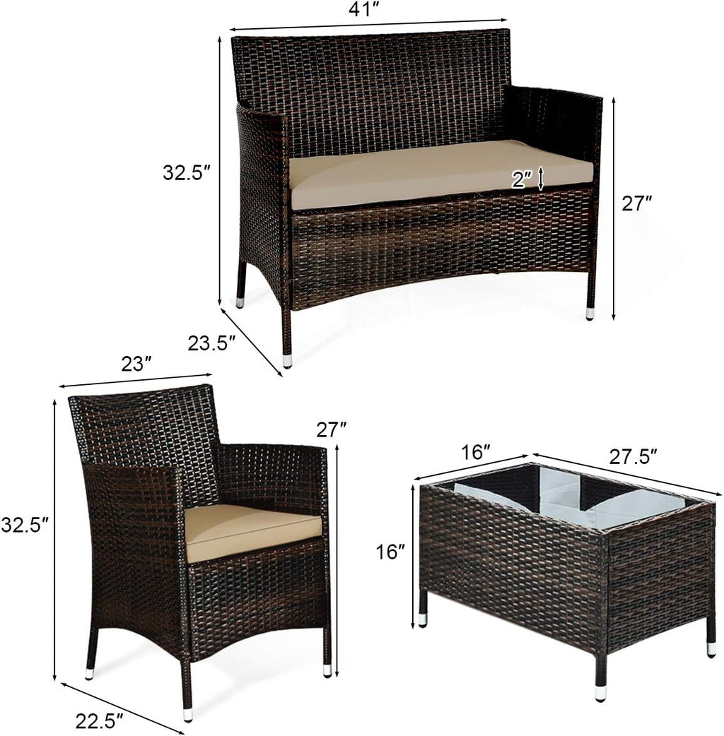 Goplus 4-Piece Rattan Patio Set, Outdoor/Indoor Wicker Conversation Set for Pool, Backyard, Lawn, Wicker Chairs and Sofa with Soft Cushion, Rattan Furniture with Tempered Glass Coffee Table