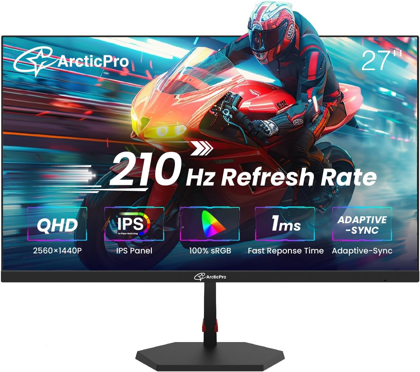 ArcticPro 27inch Gaming Monitor QHD 2560*1440p, 210Hz, 2K, IPS Panel, 1ms Response Time, Adaptive sync, PC Computer Monitor, 3-Sided Frameless, Ultra Slim, 130% sRGB, Bluelight Filter, HDMI *2, DP*2