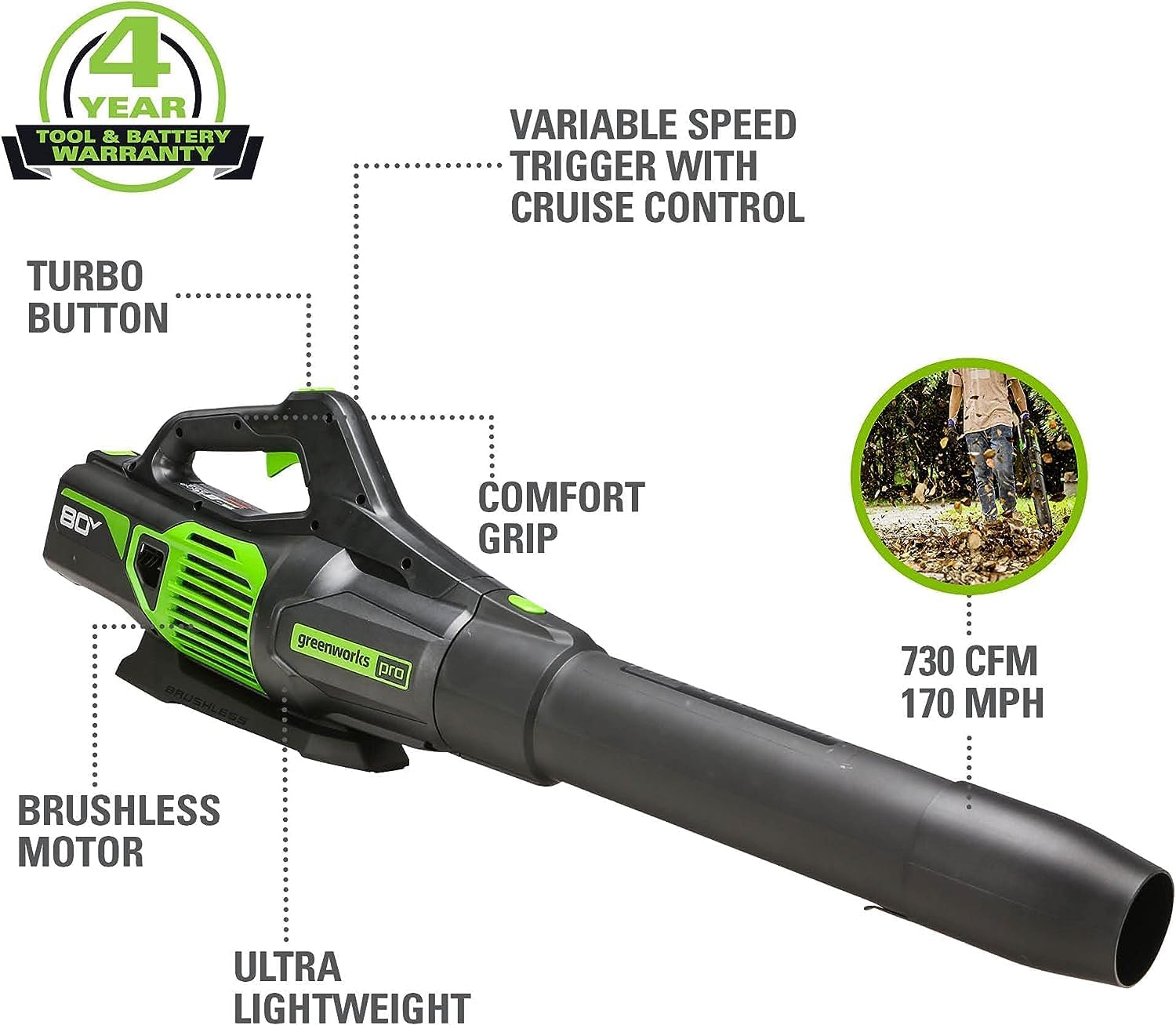 Greenworks 80V 25' Cordless Battery Brushless Self-Propelled Rear Wheel Drive 3-in-1 Lawn Mower,730 CFM Cordless Leaf Blower Combo Kit w/ (1) 4.0Ah Battery and (1)Rapid Charger