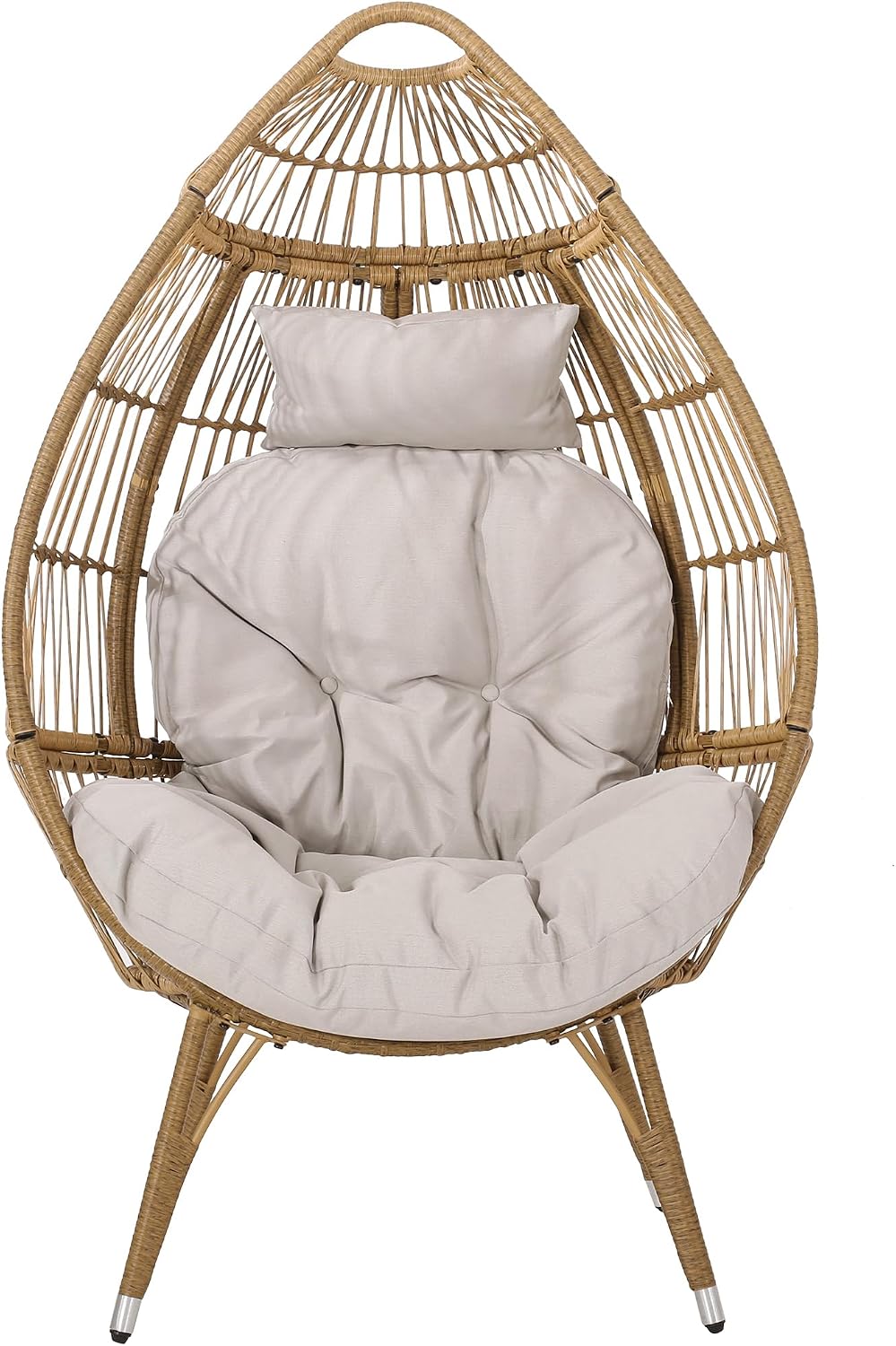 Wicker Egg Chair, Wicker Lounge Chair with Water Resistant Cushion, Indoor Outdoor Lounger for Patio, Backyard, Living Room (Light Brown)