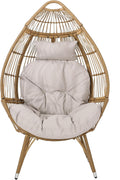 Wicker Egg Chair, Wicker Lounge Chair with Water Resistant Cushion, Indoor Outdoor Lounger for Patio, Backyard, Living Room (Light Brown)