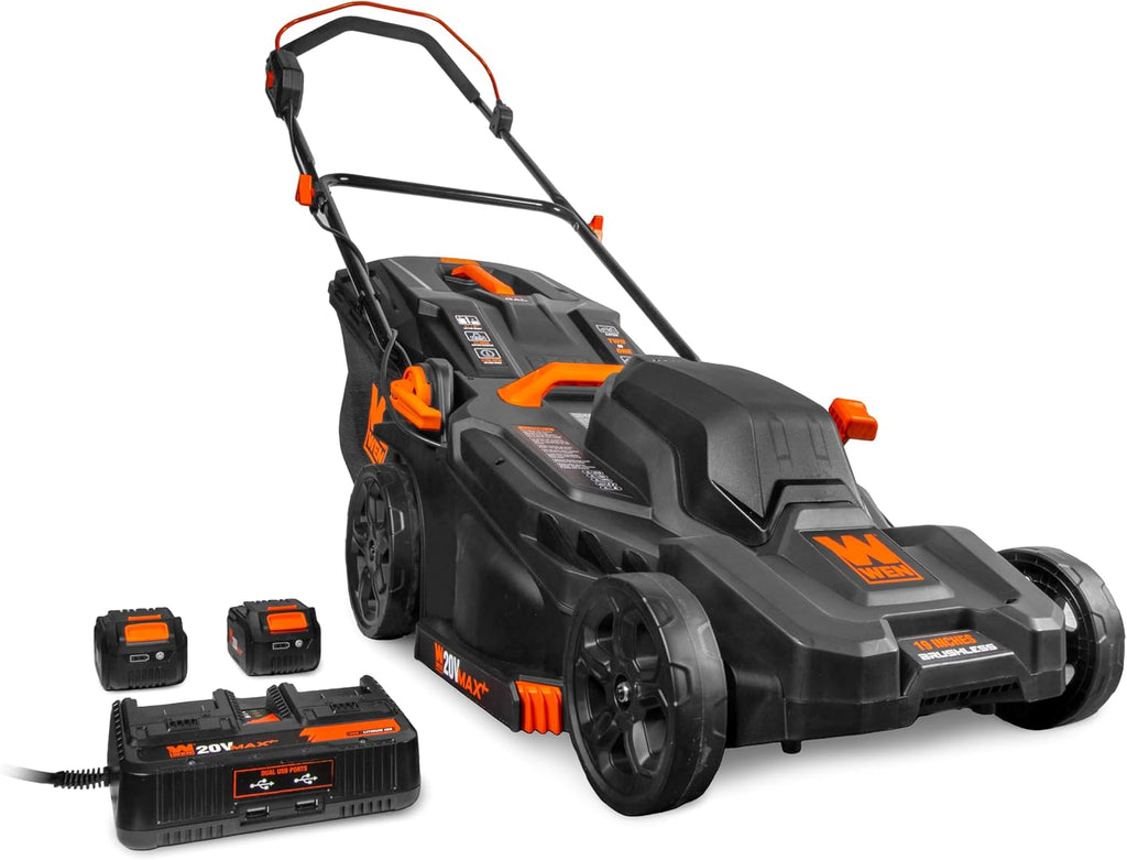 WEN 20V Max Cordless 19-Inch Lawn Mower, String Trimmer, and Leaf Blower Combo Kit with Two 5Ah Batteries and Dual Port Charger (20VK3TBM)