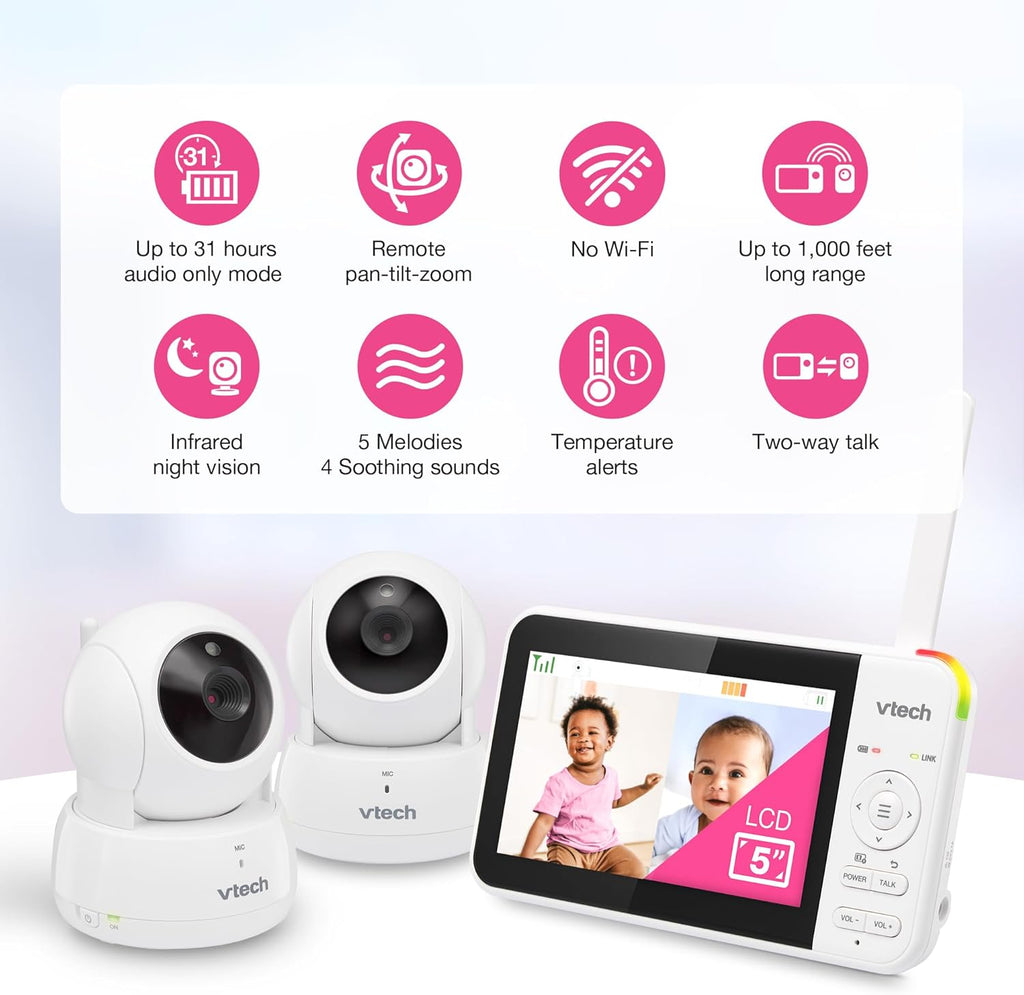 VTech VM924-2 5' Pan Tilt Zoom Video Baby Monitor with 2 Cameras – No WiFi, 17Hr Battery, 1000ft Range, Night Vision, Lullabies & Temperature Sensor – Ideal for New Parents & Twins
