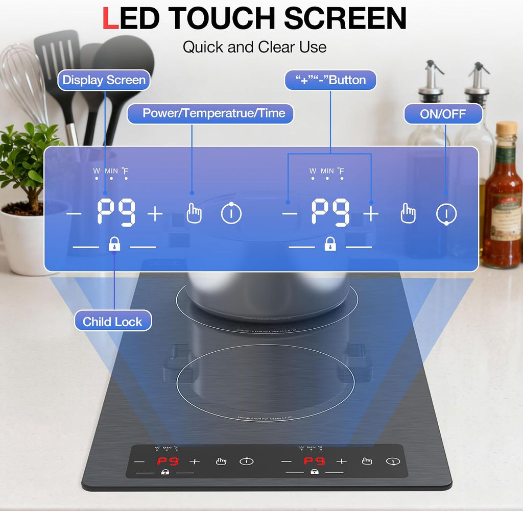 Double Induction Cooktop 110v-120v, GTKZW 2300W Electric Cooktop 20 inch Hot Plate Electric Stove Top with Plug in, Built-in and Countertop, 9 Power Levels, Timer & Safety Lock