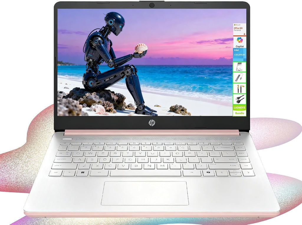 HP 14 inch HD Laptop, Intel Dual Core CPU, 8GB RAM, 64GB eMMC, Lightweight & 12H Battery, Sleek Design with Multiple Ports, Webcam/Mic for Business/Students/Tourists, Microsoft 365 Included, LE Bundle