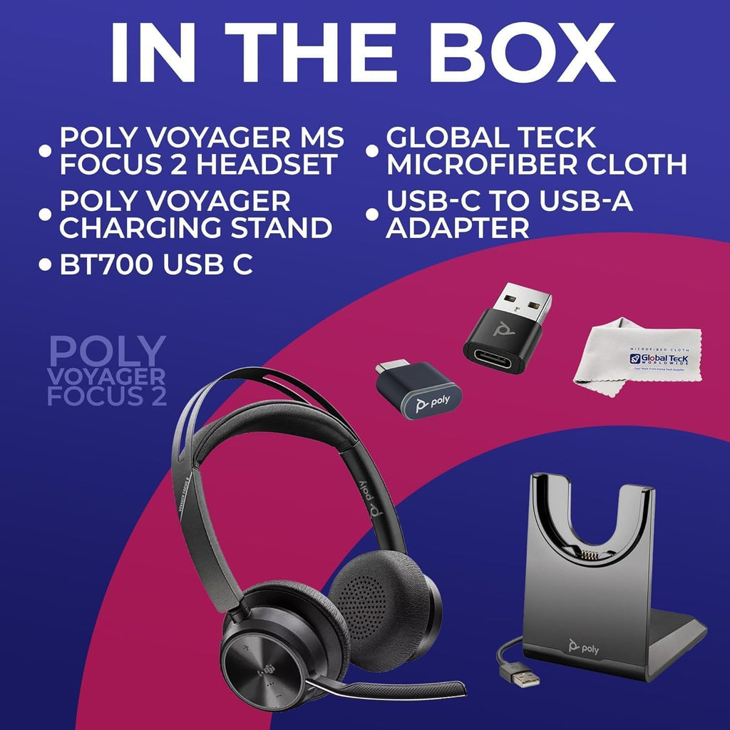 Plantronics Poly Voyager Focus 2 MS Wireless Headphones with Headset Stand, Compatible for Teams, Phones Calls, Zoom, Noise Cancelling Wireless Headset with Mic for Work, Over The Ear, GTW Microfiber