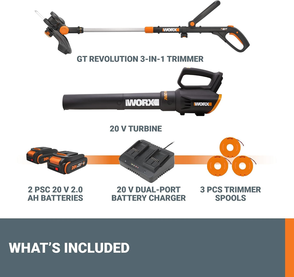 WORX 20V 12'' Cordless String Trimmer & 360 CFM Leaf Blower Combo, 2 Batteries & Charger Included, WG930.2